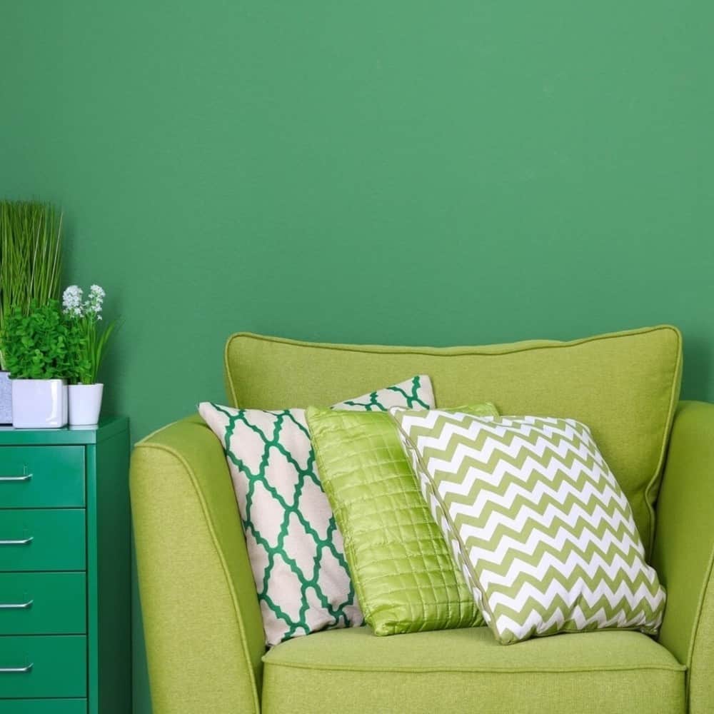 Interior of living room with olive green sofa 3d rendering